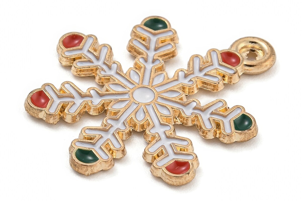 Charm auriu cu email, model Craciun, fulg de nea 23x19,5mm