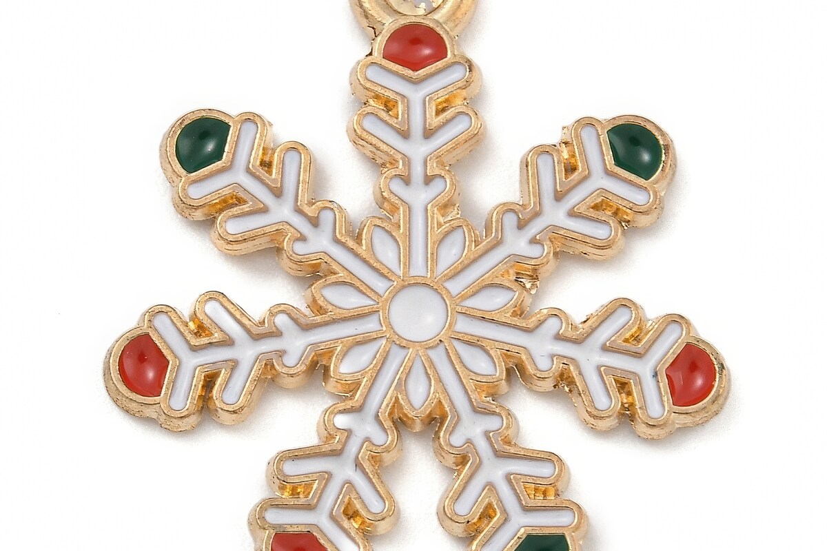Charm auriu cu email, model Craciun, fulg de nea 23x19,5mm