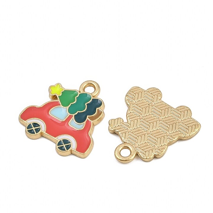 Charm auriu cu email, model Craciun, masina cu brad de Craciun 18x17mm