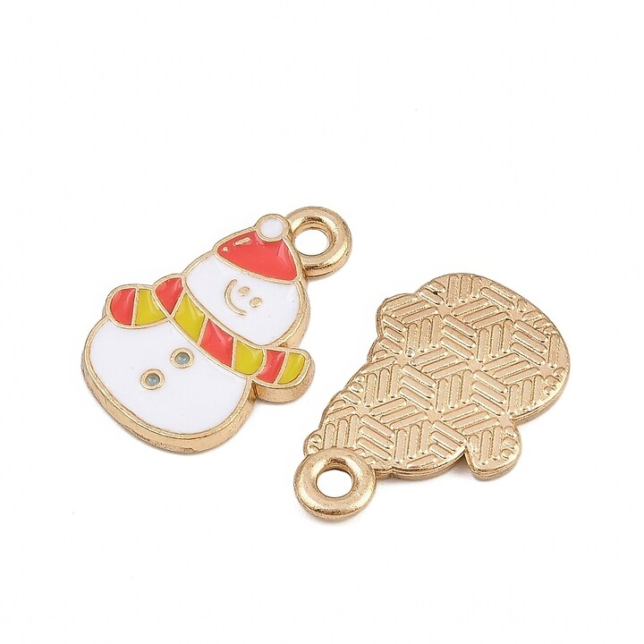 Charm auriu cu email, model Craciun, om de zapada 20x14mm