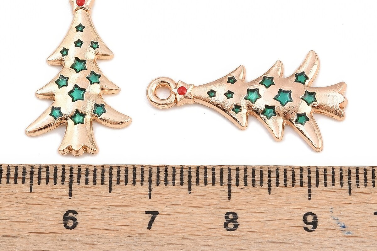 Charm auriu cu email, model Craciun, brad de Craciun 25,5x13,5mm