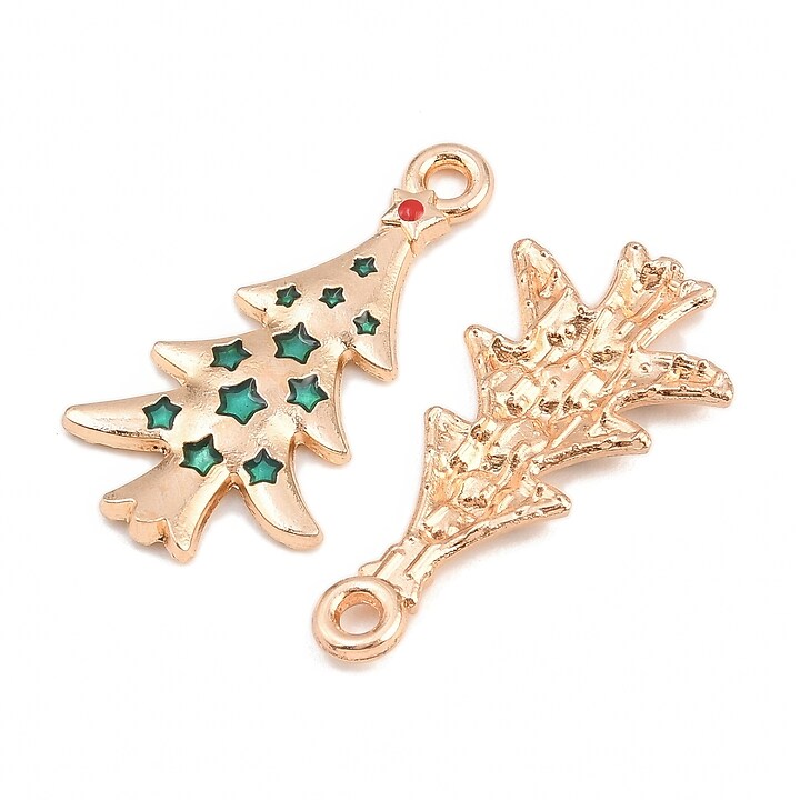 Charm auriu cu email, model Craciun, brad de Craciun 25,5x13,5mm