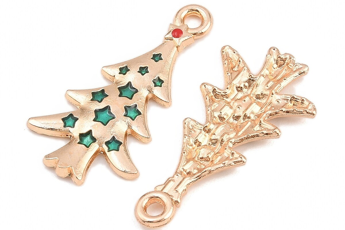 Charm auriu cu email, model Craciun, brad de Craciun 25,5x13,5mm