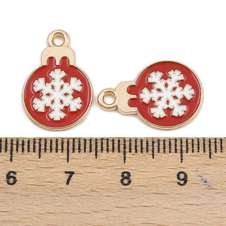 Charm auriu cu email, model Craciun, glob de Craciun rosu 19x13mm