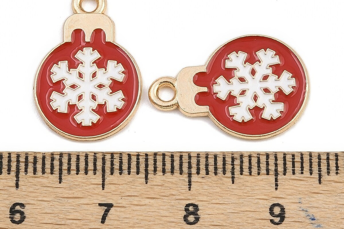 Charm auriu cu email, model Craciun, glob de Craciun rosu 19x13mm