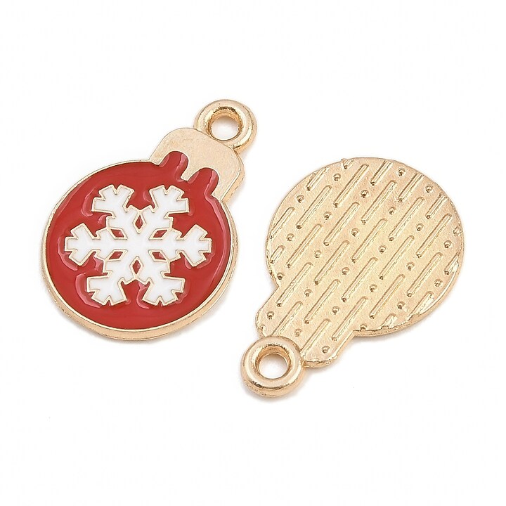 Charm auriu cu email, model Craciun, glob de Craciun rosu 19x13mm