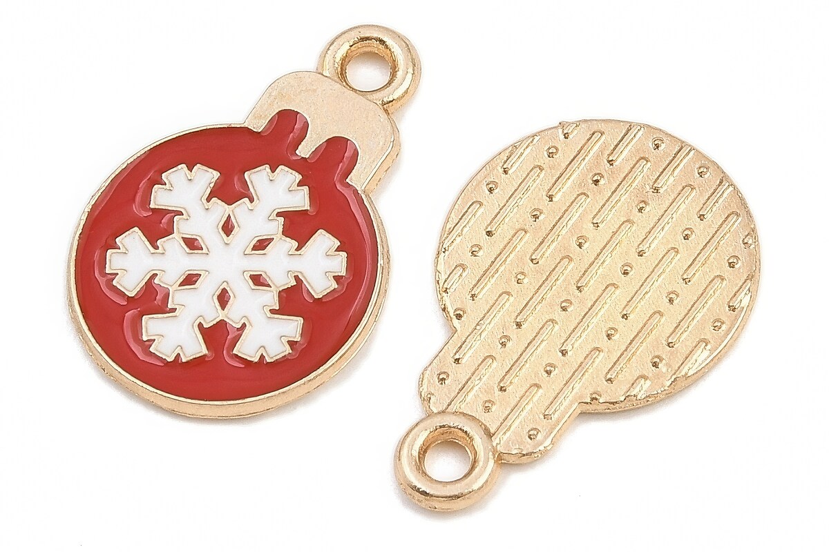 Charm auriu cu email, model Craciun, glob de Craciun rosu 19x13mm