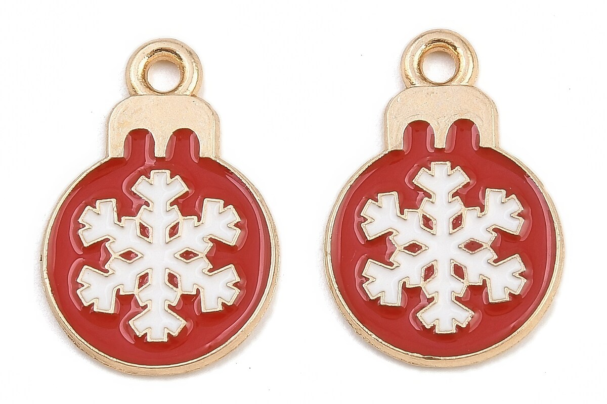 Charm auriu cu email, model Craciun, glob de Craciun rosu 19x13mm