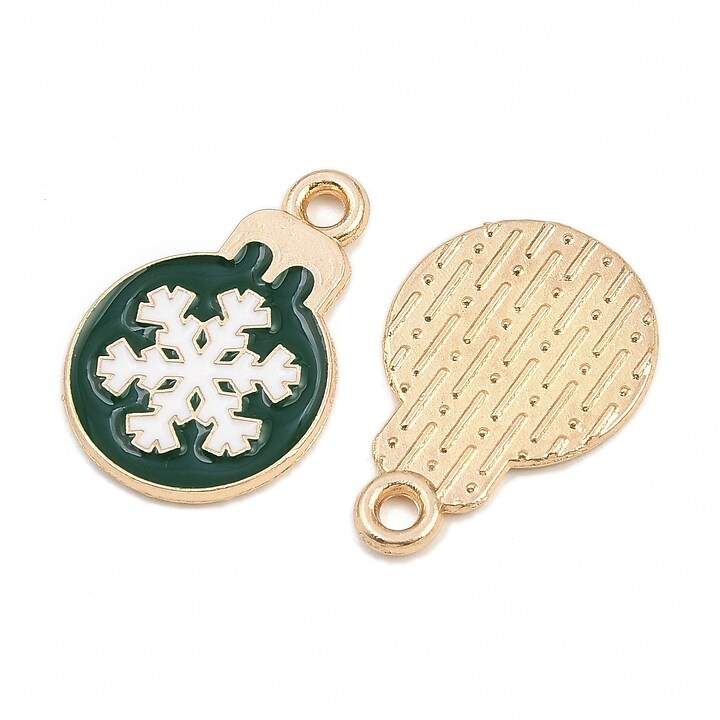 Charm auriu cu email, model Craciun, glob de Craciun verde 19x13mm