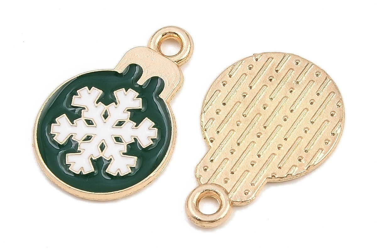 Charm auriu cu email, model Craciun, glob de Craciun verde 19x13mm