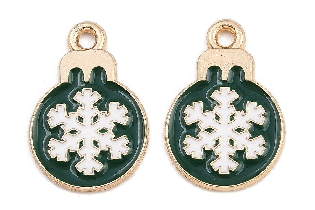 Charm auriu cu email, model Craciun, glob de Craciun verde 19x13mm