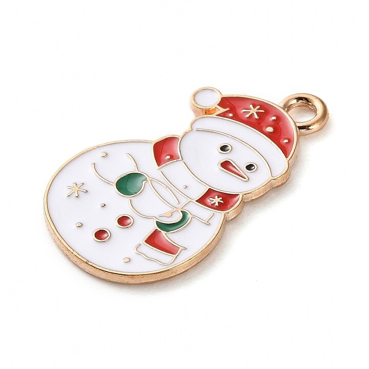 Charm auriu cu email, model Craciun, om de zapada 25,5x15mm