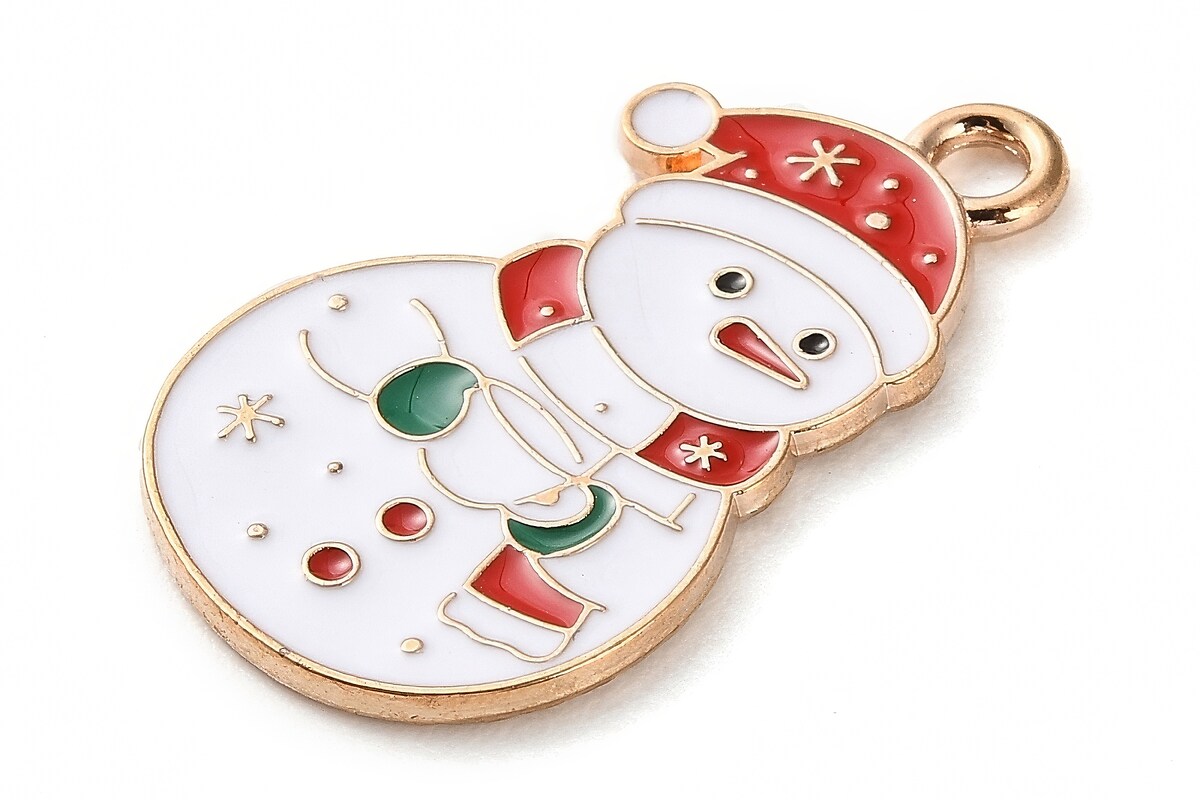 Charm auriu cu email, model Craciun, om de zapada 25,5x15mm