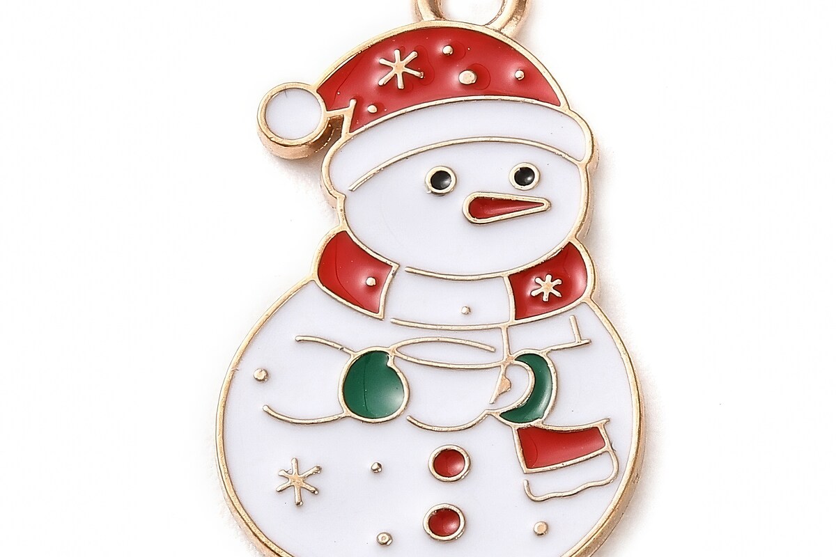 Charm auriu cu email, model Craciun, om de zapada 25,5x15mm