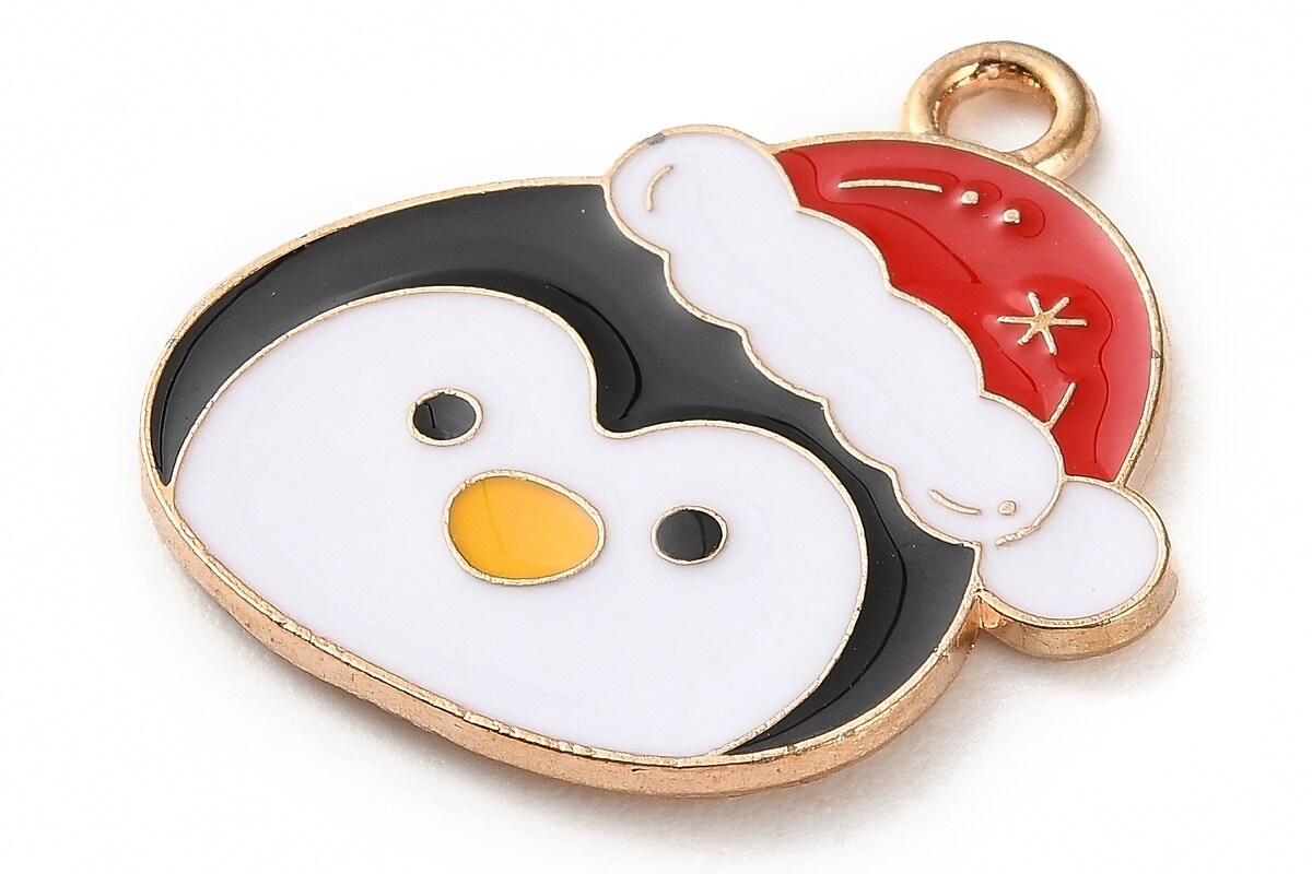 Charm auriu cu email, model Craciun, pinguin 22,5x22mm