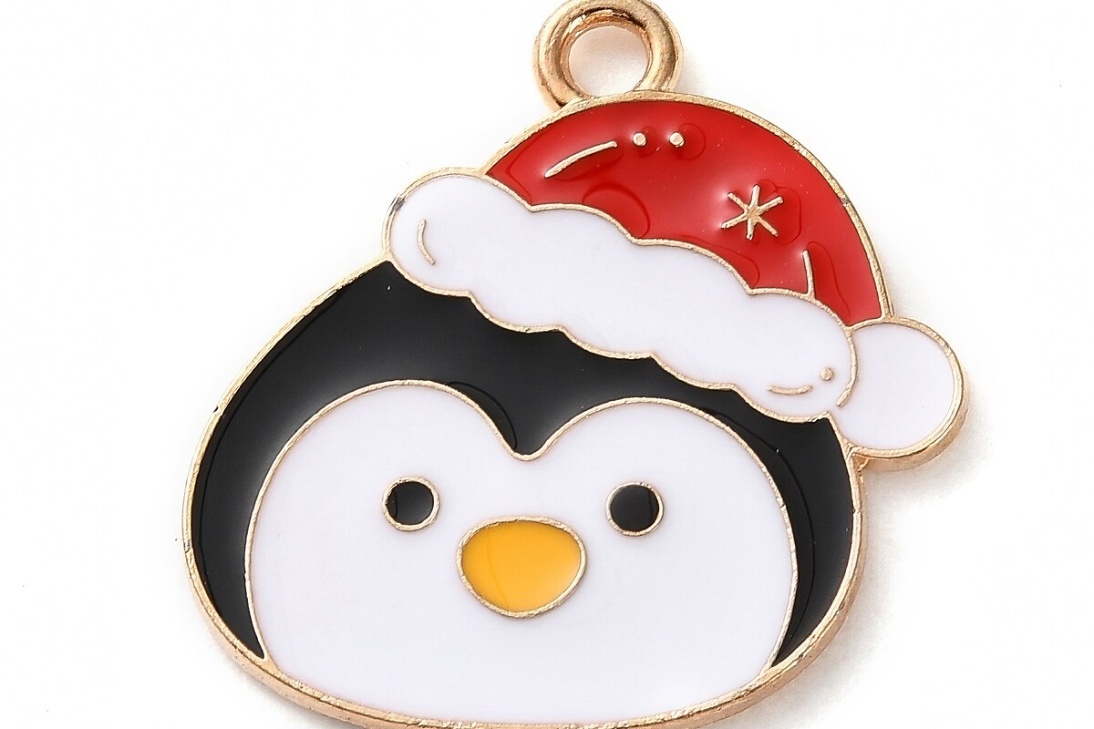 Charm auriu cu email, model Craciun, pinguin 22,5x22mm