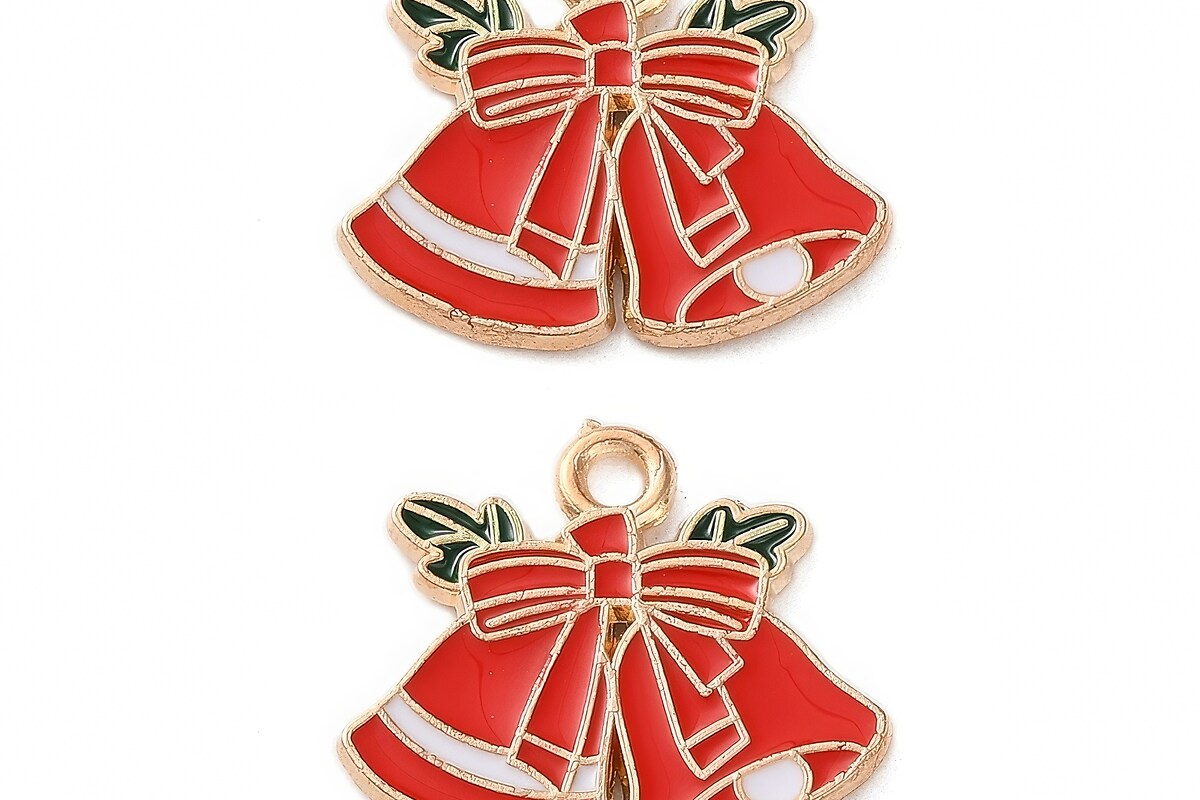 Charm auriu cu email, model Craciun, clopotei 15,5x18mm
