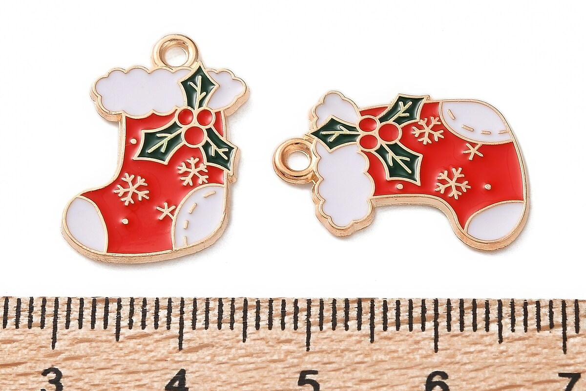 Charm auriu cu email, model Craciun, soseta de Craciun 20x15mm