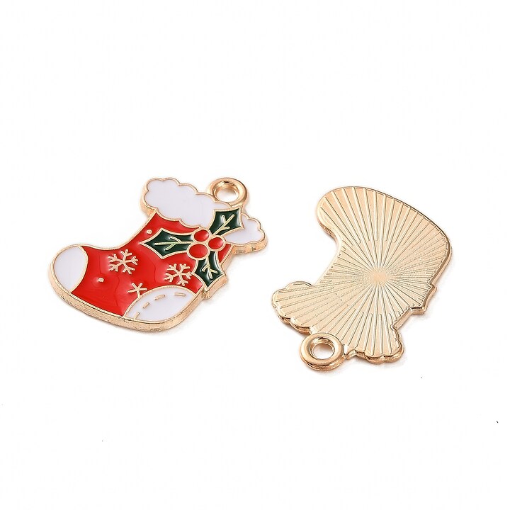 Charm auriu cu email, model Craciun, soseta de Craciun 20x15mm