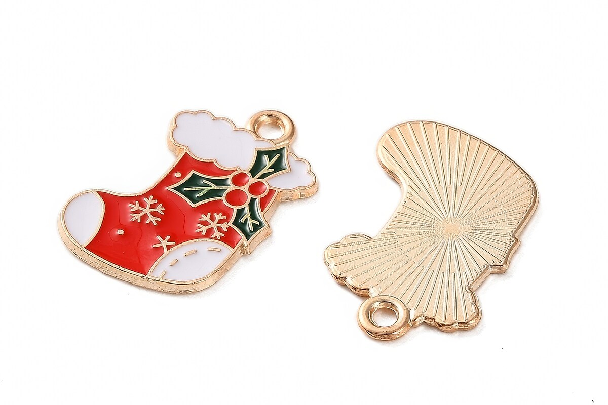 Charm auriu cu email, model Craciun, soseta de Craciun 20x15mm