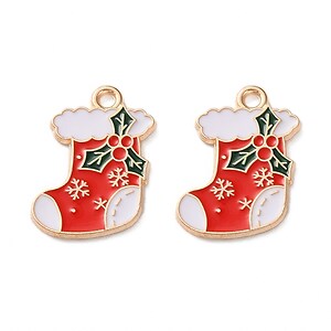 Charm auriu cu email, model Craciun, soseta de Craciun 20x15mm