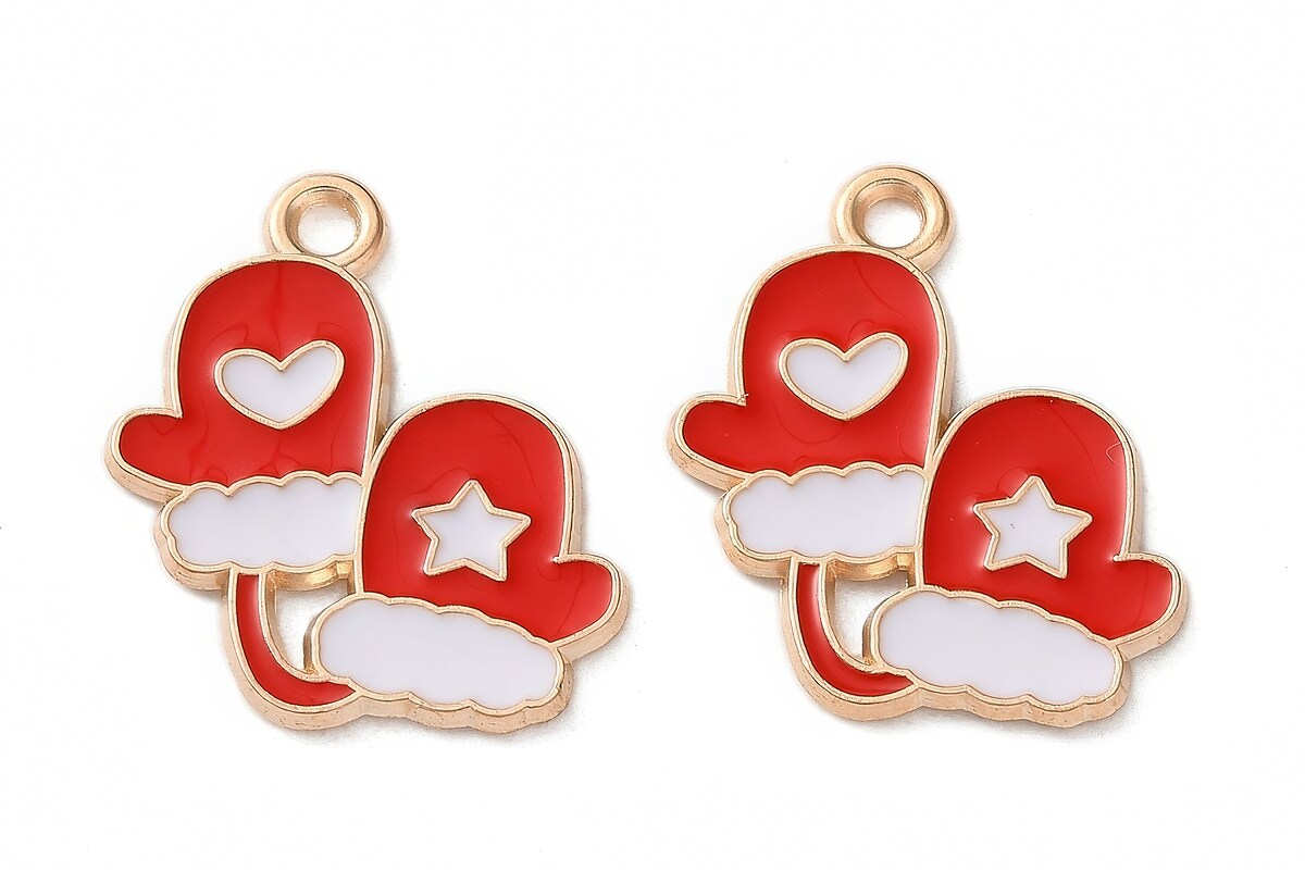 Charm auriu cu email, model Craciun, manusi de Craciun 19,5x17mm