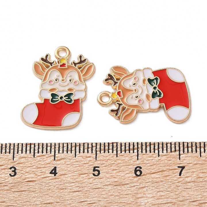 Charm auriu cu email, model Craciun, soseta de Craciun cu ren 23x16mm