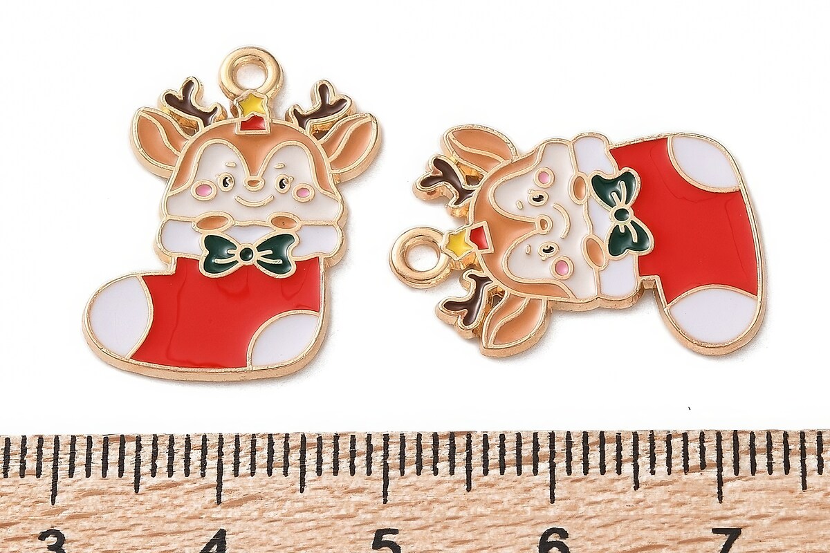Charm auriu cu email, model Craciun, soseta de Craciun cu ren 23x16mm