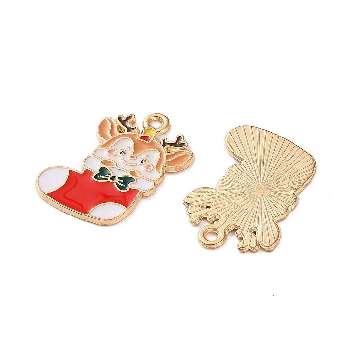Charm auriu cu email, model Craciun, soseta de Craciun cu ren 23x16mm