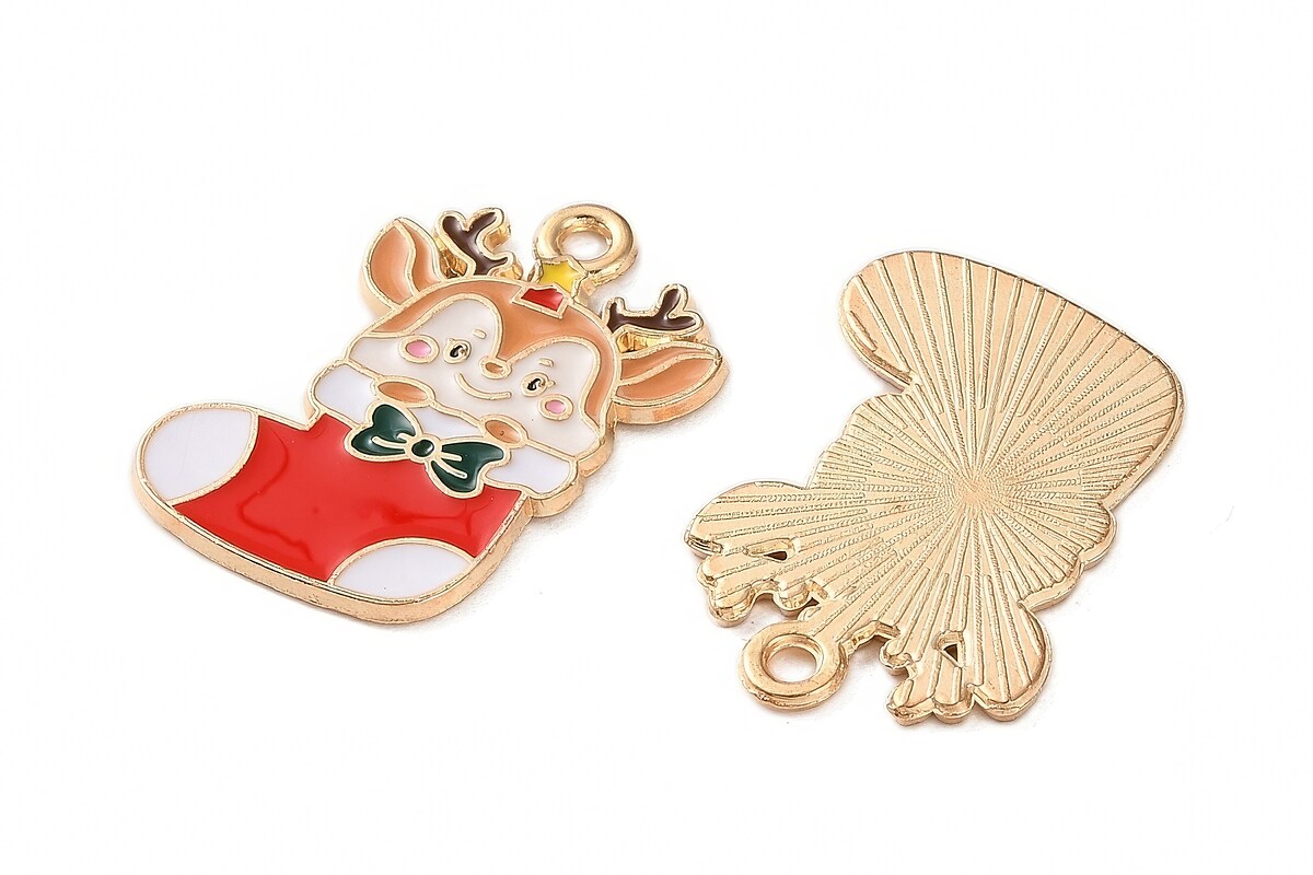 Charm auriu cu email, model Craciun, soseta de Craciun cu ren 23x16mm