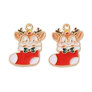 Charm auriu cu email, model Craciun, soseta de Craciun cu ren 23x16mm