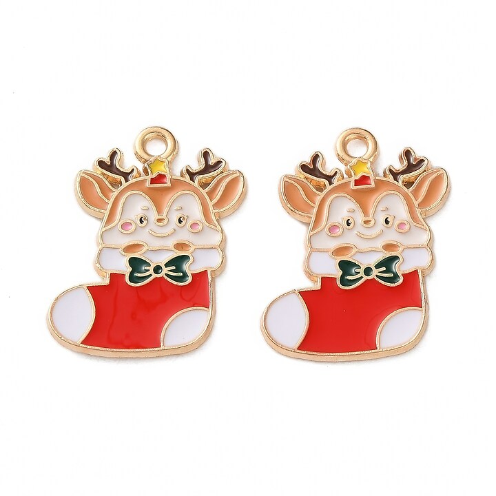 Charm auriu cu email, model Craciun, soseta de Craciun cu ren 23x16mm