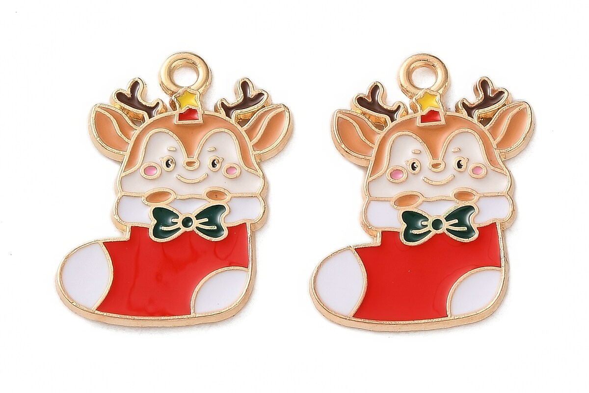 Charm auriu cu email, model Craciun, soseta de Craciun cu ren 23x16mm