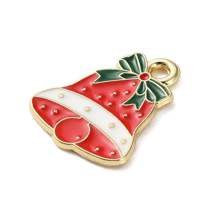 Charm auriu cu email, model Craciun, clopotel de Craciun 17x14mm