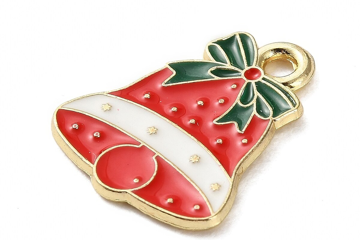 Charm auriu cu email, model Craciun, clopotel de Craciun 17x14mm