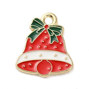 Charm auriu cu email, model Craciun, clopotel de Craciun 17x14mm