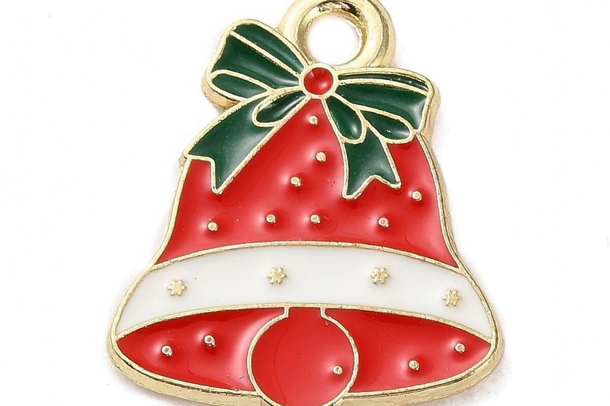 Charm auriu cu email, model Craciun, clopotel de Craciun 17x14mm