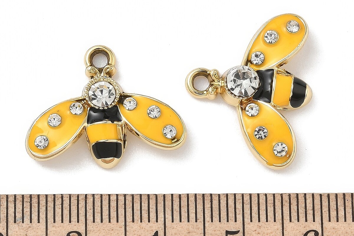Charm mini pandantiv auriu emailat cu strasuri albe albina 16,5x21mm