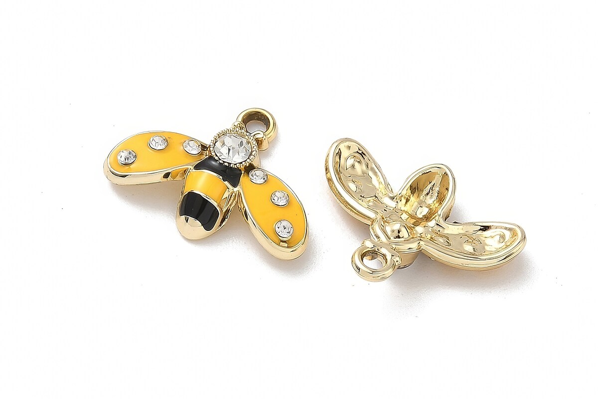 Charm mini pandantiv auriu emailat cu strasuri albe albina 16,5x21mm
