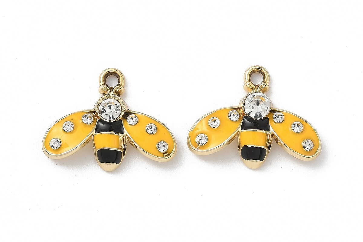 Charm mini pandantiv auriu emailat cu strasuri albe albina 16,5x21mm