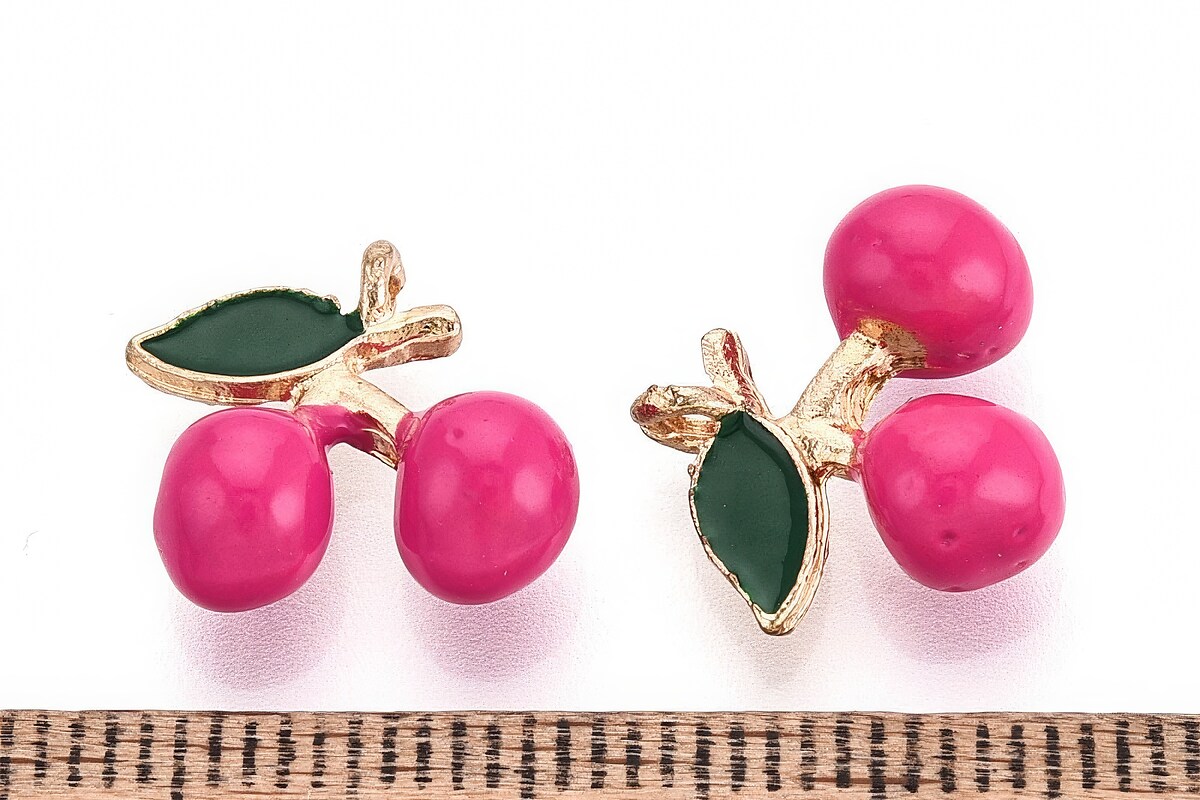 Charm mini pandantiv auriu emailat cirese roz 12x13mm
