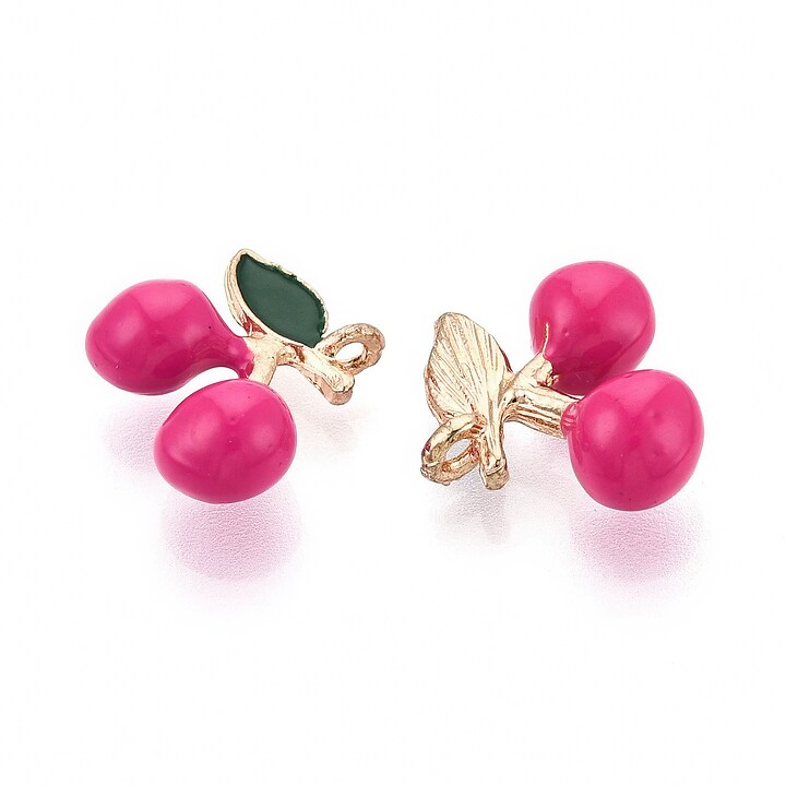 Charm mini pandantiv auriu emailat cirese roz 12x13mm
