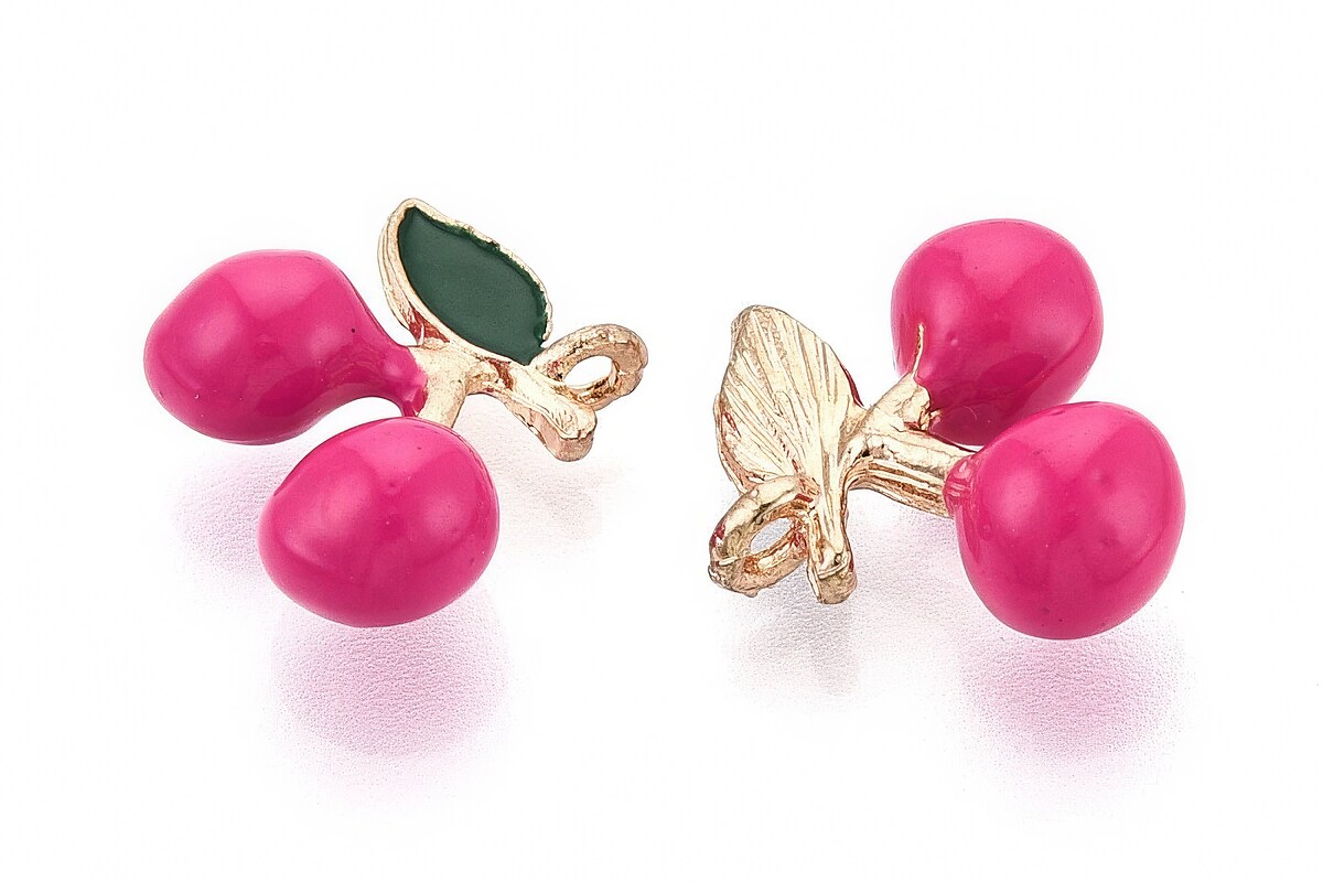 Charm mini pandantiv auriu emailat cirese roz 12x13mm