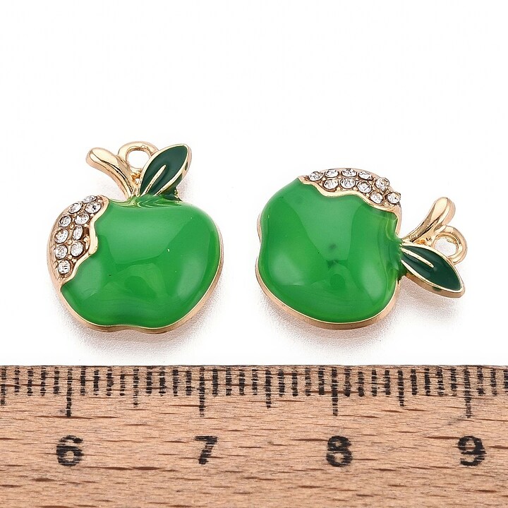Charm mini pandantiv auriu emailat cu strasuri albe, mar verde 16x13mm