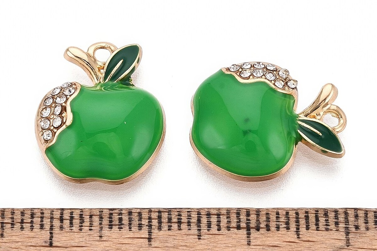 Charm mini pandantiv auriu emailat cu strasuri albe, mar verde 16x13mm