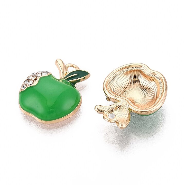 Charm mini pandantiv auriu emailat cu strasuri albe, mar verde 16x13mm