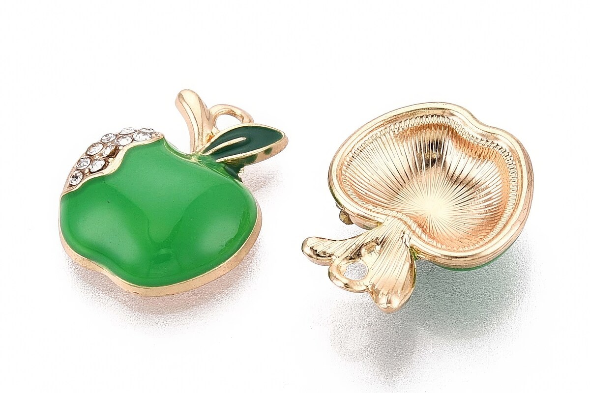 Charm mini pandantiv auriu emailat cu strasuri albe, mar verde 16x13mm