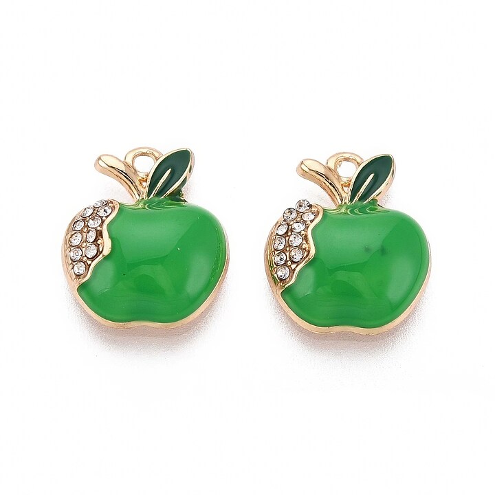 Charm mini pandantiv auriu emailat cu strasuri albe, mar verde 16x13mm