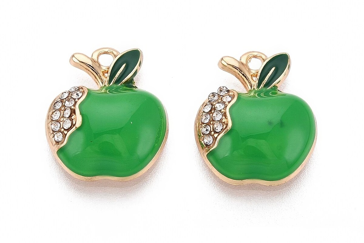 Charm mini pandantiv auriu emailat cu strasuri albe, mar verde 16x13mm