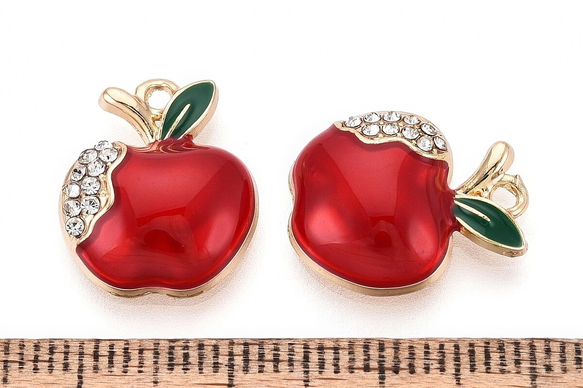 Charm mini pandantiv auriu emailat cu strasuri albe, mar rosu 16x13mm